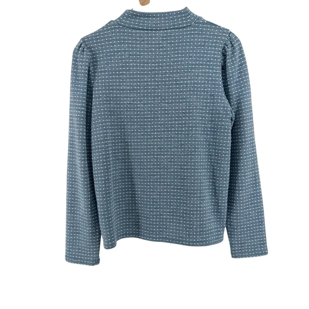 Madewell Blue Dotted Stripe Mock Neck Puff Sleeve Textured Knit Top M